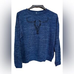 Roper Bull Skull Crew Neck Blue Sweater Women’s-S-Western Country Cowgirl Comfy